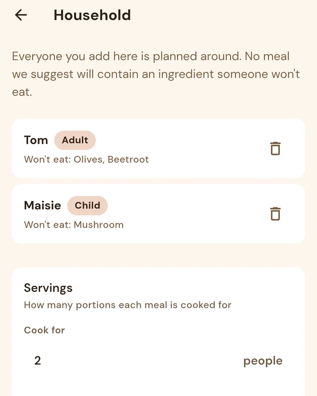 Setting up a household: Tom won’t eat olives or beetroot, and Maisie won’t eat mushroom.
