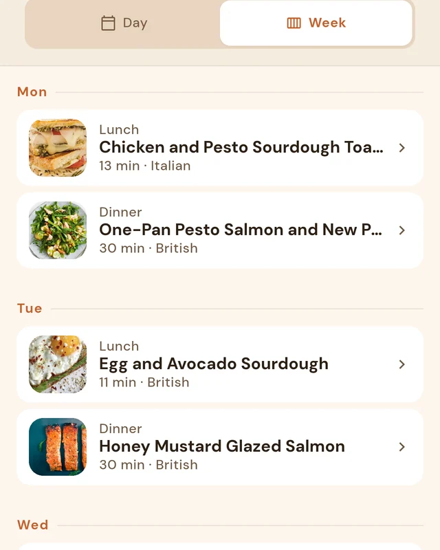 A generated week of meals, with a lunch and a dinner planned for Monday and Tuesday.